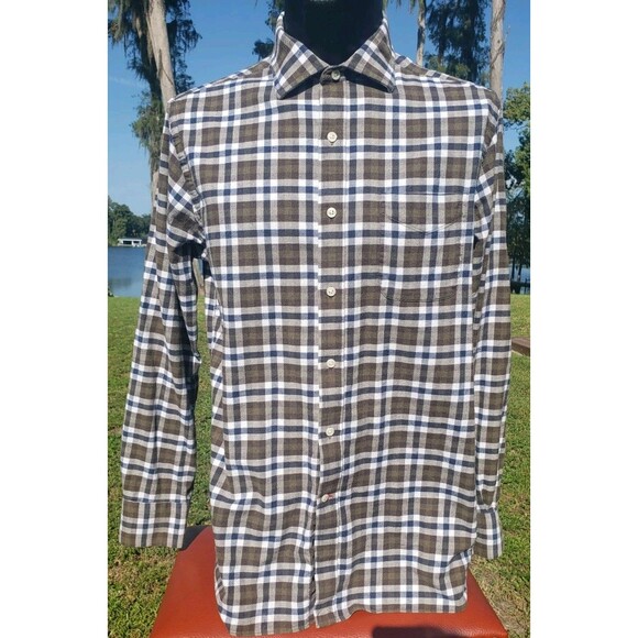 Daniel Cremieux Slim Fit Mens Sz L Long Sleeve Button Up Plaid Shirt Brown Blue - Picture 3 of 13